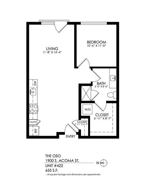 A black and white image of a floor plan for a one bedroom apartment.